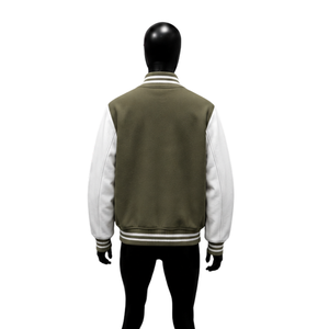 <b>Men's</b> Olive Green Varsity <b>Jacket</b> <b>White</b> Sleeve Casual Fleece Baseball Coat Turn-down Collar Button Closure Autumn Wear <b>MENS</b> FASHI - Product Image 2