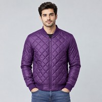 Blouson Bomber Homme en Cuir Véritable Matelassé Violet Col Montant Respirant Fermeture Éclair Couleur Unie Coupe Droite Décontractée
