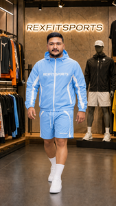 REXFIT SPORTS 2026 – Ensemble de survêtement unisexe personnalisé bleu ciel en nylon, veste coupe-vent à capuche et short, vêtements de sport à marque privée - Product Image 3