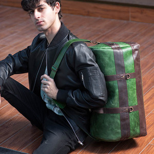 Sac de voyage en cuir vert avec sangles noires, grande capacité, sac à bandoulière décontracté pour homme - Sac de voyage en cuir vert - Product Image 3