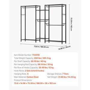 Appendiabiti a 7 livelli per armadio, resistente, capacità di carico 385 kg, struttura in acciaio, organizer per vestiti regolabile - Product Image 3