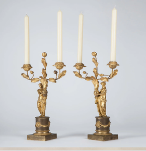Heavily distressed antique brass 5-light <b>candelabra</b> with dramatic acanthus leaf scrollwork and detailed leaf-shaped bobeches. - Product Image 4
