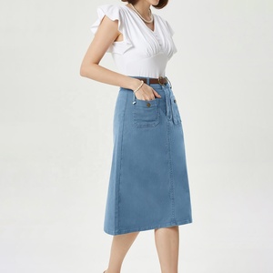 Light Blue Denim Skirt for Women Knee Length Jean Skirt Charm High Waisted Packet Stylish Belt Waisted - Product Image 1