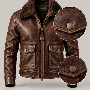 Chaqueta de Cuero Marrón Vintage para Hombre, Chaqueta de Aviador con Cuello de Piel de Oveja, Chaqueta de Motociclista, Chaqueta de Vuelo, Ropa Exterior de Moda Personalizada al por Mayor para Hombre - Product Image 3