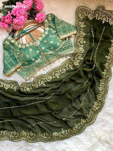 คอลเลกชันพรีเมียม ผ้าซาตินหรูหรา ดีไซน์สวยงาม พร้อมงานปักเลื่อม 3 มม. และงานเลเฮริยา ชุดส่าหรี-เสื้อคู่กัน คอลเลกชันจากซัพพลายเออร์อินเดีย - Product Image 6