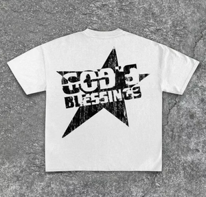 เสื้อยืดแขนสั้นลำลองผู้ชายพิมพ์ลายดาว God's Blessings ทรงปกติ คอกลม ผ้าเจอร์ซีย์คอตตอน สีขาว ดีไซน์ด้านหลัง - Product Image 1