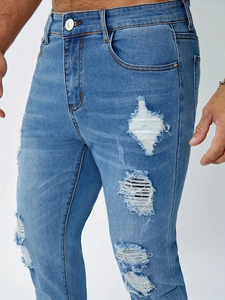 Jeans Rectos Rotos para Hombre, 60% Algodón, 28% Poliéster, 10% Viscosa, 2% Elastano, Denim Casual, Elasticidad Media, Secado Rápido, Invierno - Product Image 6