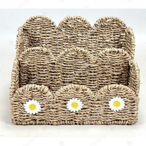 Scalloped Natural Seagrass <b>Storage</b> <b>Baskets</b> With Daisy Embellishments <b>Rectangular</b> Multi-Purpose Organizer Rustic Style - Product Image 2