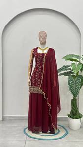 Premium Wine and <b>Emerald</b> Green Embroidered Sharara Suit Set with Chiffon Dupatta Designer Ethnic Party Wear Wedding Outfit - Product Image 2