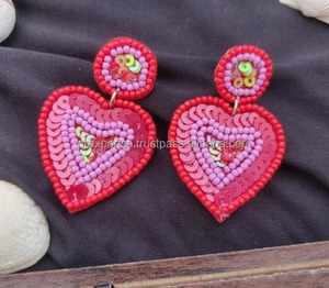 Heart Earrings Handmade Seed Bead Embroidery <b>Red</b> Pink <b>Sequin</b> Beaded Jewelry Valentine Design Statement Party Accessories Custom - Product Image 5
