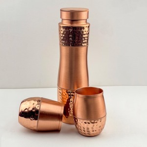 Luxury Split-Finish Hammered Pure Copper Water <b>Bottle</b> & Glass Set <b>Brushed</b> Waistband Tactile Dimple Surface Reusable Water Set - Product Image 2