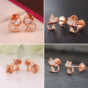 14kt solid gold Cute Cartoon Cat <b>Stud</b> <b>Earrings</b> Rose Gold Plated With <b>Crystal</b> Rhinestone Eyes For Women Everyday Wear - Product Image 5