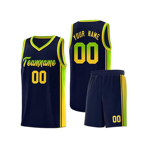 Ensemble de maillots de basket personnalisés, vert marine, jaune, sublimé, col en V, sans manches, uniforme en mesh, nom de l'équipe 00, unisexe, adulte, toutes saisons - Product Image 1