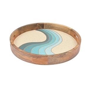 Plateau en bois et émail de haute qualité avec motif vague bleue pour le service à table et la décoration de la maison - Product Image 3