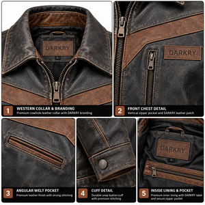 <b>Mens</b> Dark Charcoal <b>Leather</b> <b>Jacket</b> <b>Brown</b> Chevron Yoke Custom Western Ranch Outerwear Distressed Cowhide Biker Coat Manufacturer - Product Image 6
