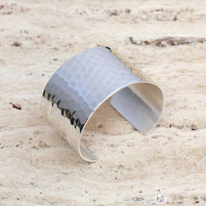 Handmade <b>Hammered</b> Brass Cuff Bracelet Wide <b>Silver</b> Plated Boho Statement <b>Bangle</b> - Chunky Adjustable Metal Wristband Jewelry - Product Image 4
