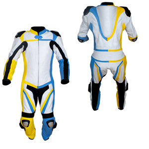 Combinaison de moto en cuir à manches longues pour homme, blanche, jaune, bleue, avec blocs de couleur, coupe-vent, toutes saisons, équipement moto - Product Image 5