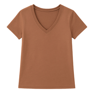 Camiseta Casual para Mujer, Cuello en V, Color Marrón, Corta, de Lona, Poliéster/Algodón, Premium, Suave, Transpirable, Precio al por Mayor - Product Image 4