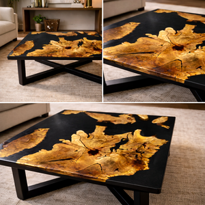 Table basse en résine époxy noire avec incrustation en bois de burl doré, moderne, artistique, faite à la main, pièce maîtresse pour salon - Product Image 5
