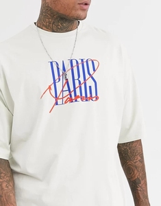 เสื้อยืดแขนสั้นสีครีมโอเวอร์ไซส์สำหรับผู้ชาย พิมพ์ลายตัวอักษรปารีส คอกลม ผ้าฝ้ายลำลอง - Product Image 4