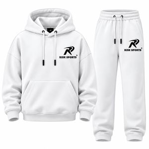 Ensemble de survêtement pour homme en coton/polyester avec capuche et cordon de serrage, logo sur le devant, blanc, pour l'hiver, jogging, sweat-shirt, pantalon de survêtement pour la salle de sport - Product Image 1