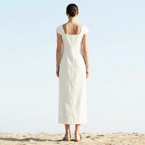 <b>White</b> Linen <b>Maxi</b> Dress Square Neck Cap Sleeve Loose Fit Breathable Summer Casual Dress Straight Hem Solid Color Woven Fabric - Product Image 2