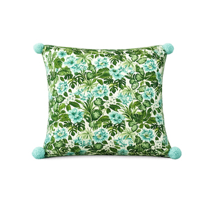 Funda de Cojín de Lujo con Estampado de Hojas Tropicales y Bordes de Pompones Hechos a Mano, Decoración Contemporánea para el Hogar, 100% Lino - Product Image 1