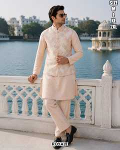 Designer <b>Mens</b> Wear Malai Satin <b>Kurta</b> And Malai Satin Payjama With Jacquard Koti Set - Product Image 2