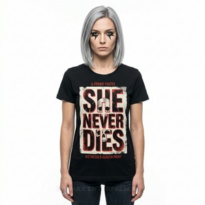 Camiseta gráfica para mujer con tipografía desgastada, camiseta con estampado de calavera She Never Dies, camiseta de algodón con serigrafía personalizada, top de ropa urbana - Product Image 1