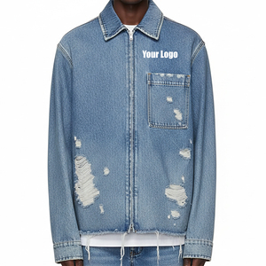 Veste en jean déchirée à ourlet brut avec fermeture éclair, nouveau design, grande taille, délavage clair, best-seller - Product Image 1