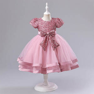 With Puff Sleeves Big Bow And Layered <b>Tulle</b> <b>Skirt</b> Pink Sequin Flower Girl Dress Wholesale Premium Birthday Party Gown For Kids - Product Image 4