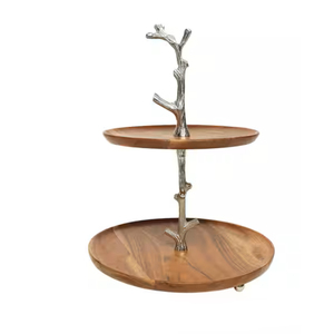 <b>Set</b> Of 2 Handcrafted Acacia Wood <b>Cake</b> <b>Stand</b> With Brass Mushroom Decor Round Pedestal Dessert Display Riser For Home Kitchen - Product Image 6