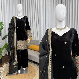Traje TOP PLAZZO Vintage con Dupatta de Terciopelo Pesado, Bordado con Hilos y Lentejuelas, para Fiesta, Largo hasta la Rodilla, Corte Regular - Product Image 5
