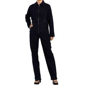 Custom Denim Suit Dark Blue Lapel Cargo <b>Jacket</b> Solid Color Denim Washed <b>Women</b> Jeans Tracksuit - Product Image 2
