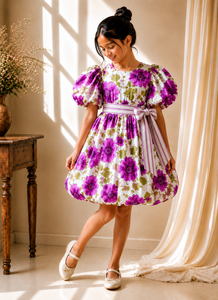 Girls Winter Casual Beach Purple Floral Puff Sleeve Party Dress with Bow Waist Cotton <b>Bubble</b> Hem Princess Birthday <b>Wedding</b> - Product Image 3