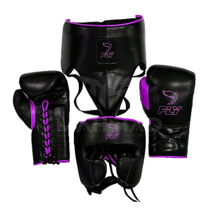 Fly Boxing Gear Set Black with Purple Trim Leather Headgear Groin Guard <b>Lace</b>-Up Fight Gloves Unisex for Martial Arts Training - Product Image 6