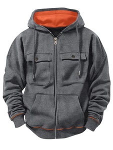 <b>Men's</b> Navy Blue Hooded Zip-Up <b>Sweatshirt</b> With <b>Orange</b> Lining And Pockets Casual Regular Fit Autumn Wear - Product Image 4
