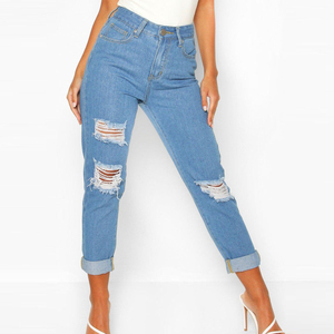 Jeans de cintura alta rasgados y desgastados de pierna recta, talla grande, largo completo, lavado claro, algodón, cierre de cremallera, casual, para mujer, suavizante - Product Image 6