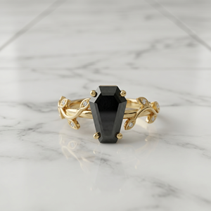 Bague de fiançailles en diamant noir naturel taille cercueil en or massif 14 carats avec bande feuille de branche inspirée de la nature, style gothique, 1,20 CT - Product Image 3
