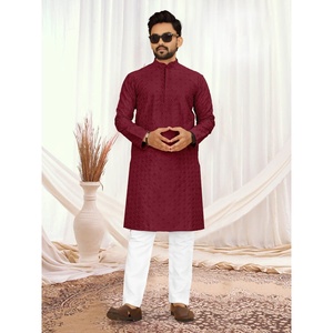 TRENDING SILK LUCKNOWI SEQUENCE WORK MEN'S KURTA with PAYJAMA GAJARI - Product Image 1