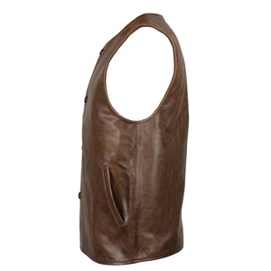 Chaleco de Motociclista de Cuero Genuino Marrón, Estilo Vintage, Sin Mangas, con Cuello Mao y Cierre Tradicional con Botones de Palanca - Product Image 3
