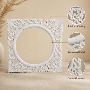 Panneau mural en bois de manguier blanchi, sculpté à la main avec des motifs floraux, cadre décoratif carré style bohème vieilli, 30x30 cm, pour la décoration murale de la maison - Product Image 2
