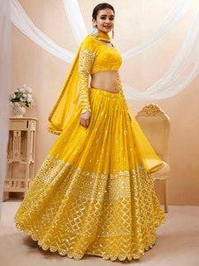 Yellow <b>Sequin</b> Embroidered Lehenga Choli With V-Neck <b>Crop</b> <b>Top</b> And Full Sleeves Floor-Length Bridesmaid Dress A-Line Silhouette - Product Image 2