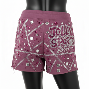 Shorty en molleton de coton et polyester de haute qualité pour femme, couleur mauve, tissu doux brossé, logo en strass et cristaux. - Product Image 3