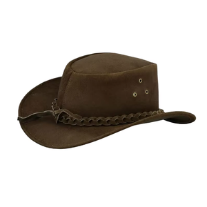 Chapeau de brousse en cuir suédé marron à large bord, protection solaire extérieure avec bande tressée et œillets de ventilation OEM - Product Image 1