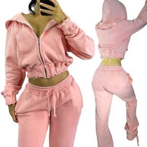 Personnalisé pour Rose Distressed Zip Hoodie Femmes Survêtements 100% Coton Workout Joggers Deux Pièces Pantalon Ensembles Femmes Survêtements Ensemble - Product Image 1