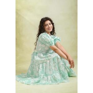 Robe Courte Florale Vert Menthe à Manches Bouffantes et Volants, Style Cottagecore Décontracté pour Femme, Fluide et Écologique, Taille Naturelle - Product Image 3