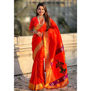 Sari Paithani de Seda con Bordado Zari Naranja Tradicional, con Diseño del Dios Vitthala, Ropa India y Pakistaní, Tejidos de Élite, 650g - Product Image 5