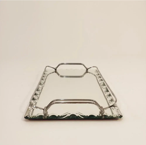Luxury Mirrored Vanity Tray Silver Metal Handles Rectangular Beveled Glass Perfume Organizer <b>Decorative</b> <b>Dressing</b> <b>Table</b> Platter - Product Image 1