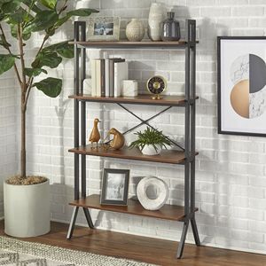 Étagère à livres autoportante européenne à 4 niveaux en bois, finition noyer, taille moyenne pour adultes - Product Image 1